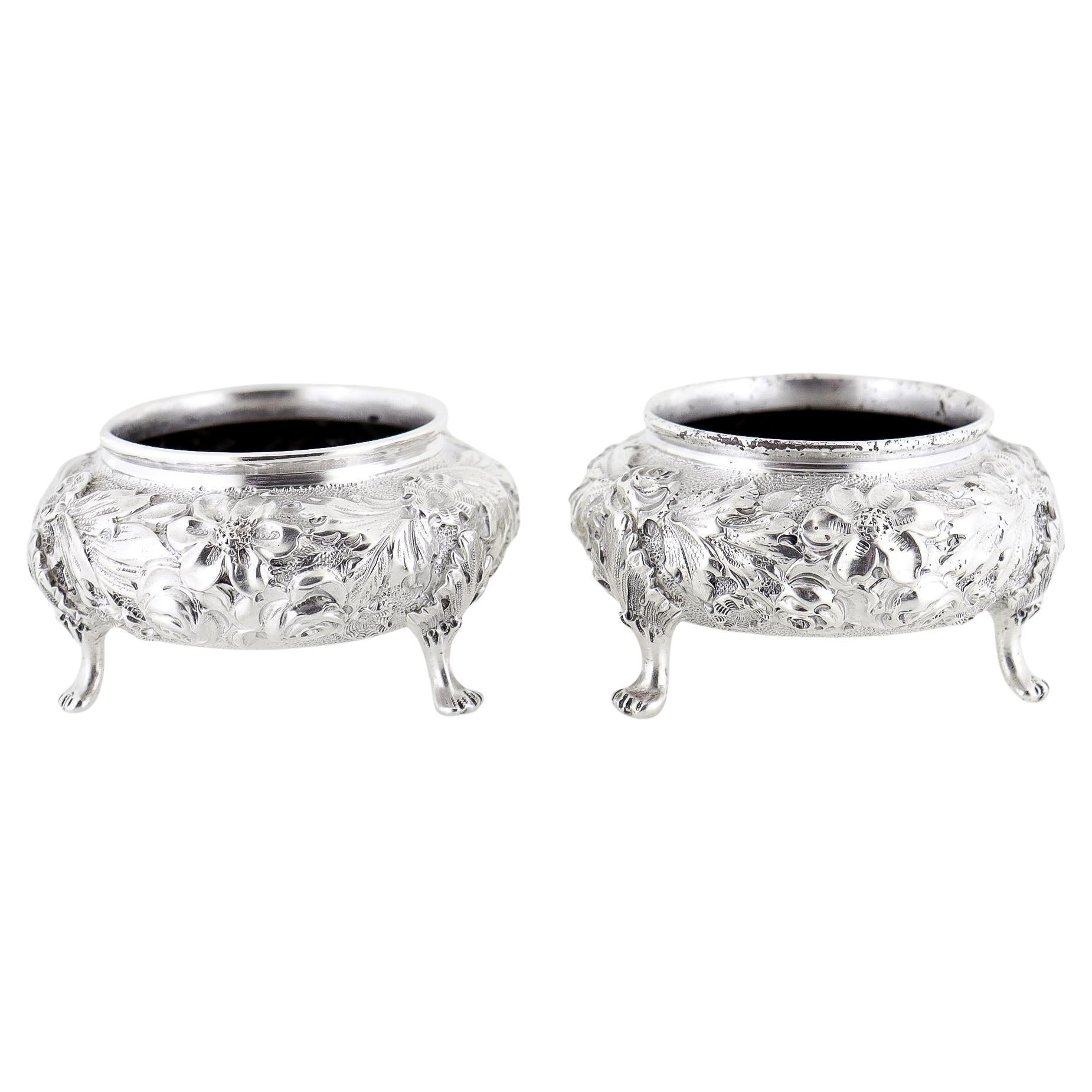 Pair Antique Ritter & Sullivan Baltimore Sterling Silver Repousse Salt Cellars For Sale
