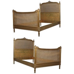 Pair Antique R.J. Horner Giltwood and Pressed Cane French Style Twins Beds