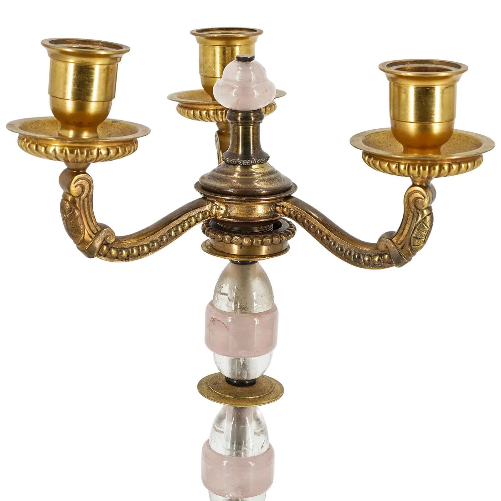 European Pair Antique Rock Crystal and Bronze Three-Light Candelabra For Sale