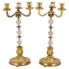 Pair Antique Rock Crystal and Bronze Three-Light Candelabra