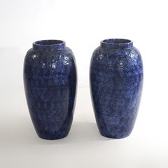 Pair Antique Roseville Art Pottery Floral Embossed Vases with Mottled Blue Glaze