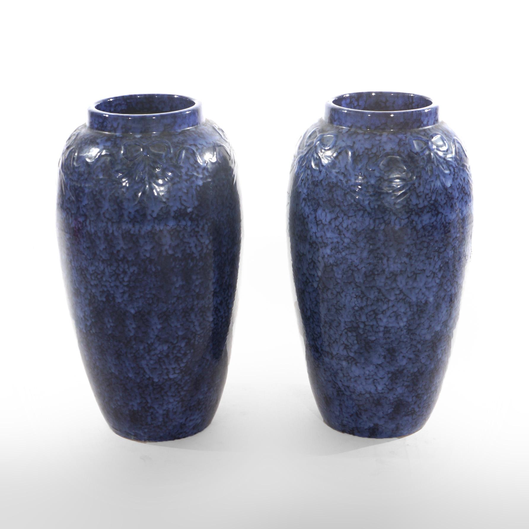 Pair Antique Roseville Art Pottery Floral Embossed Vases with Mottled Blue Glaze In Good Condition For Sale In Big Flats, NY