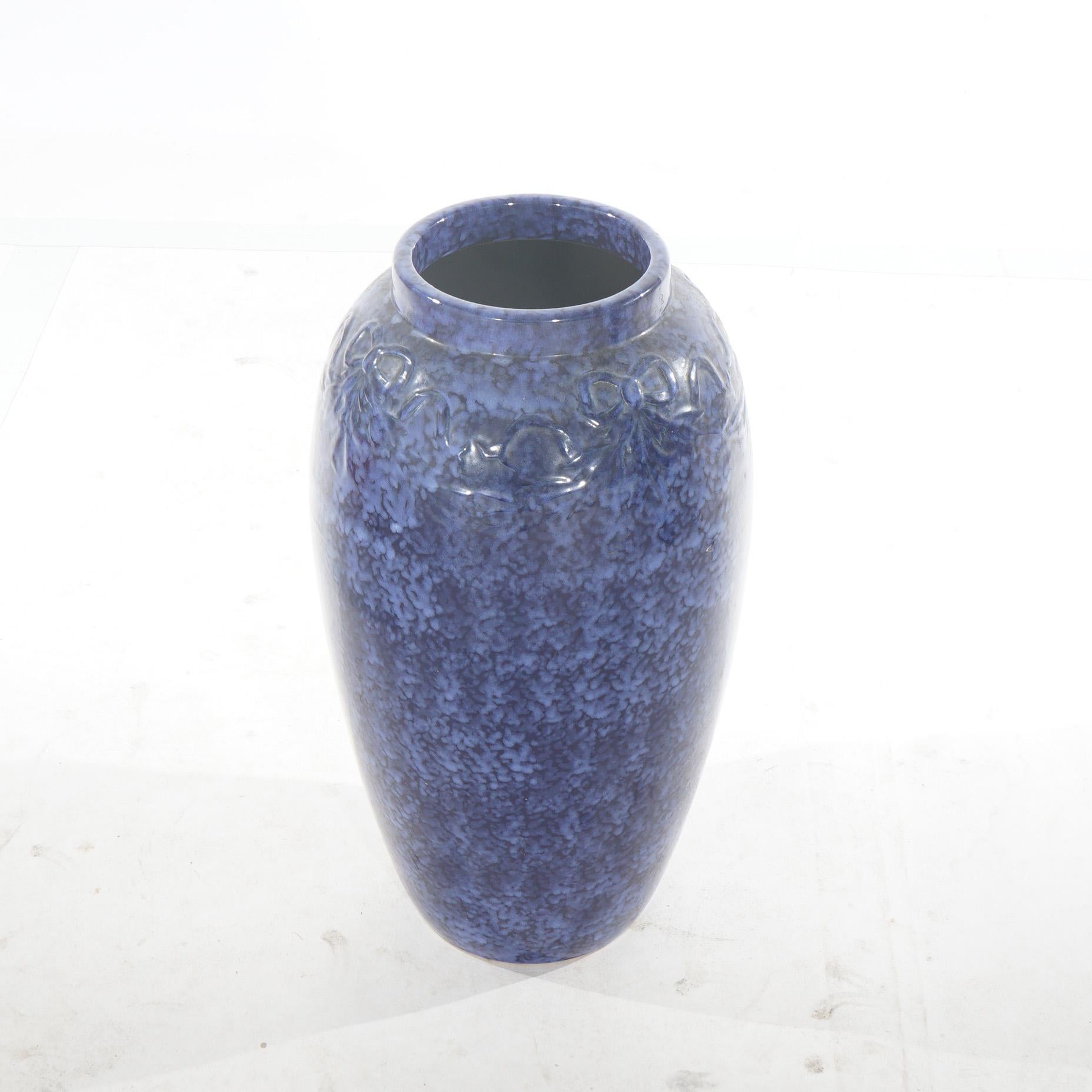 Pair Antique Roseville Art Pottery Floral Embossed Vases with Mottled Blue Glaze For Sale 1