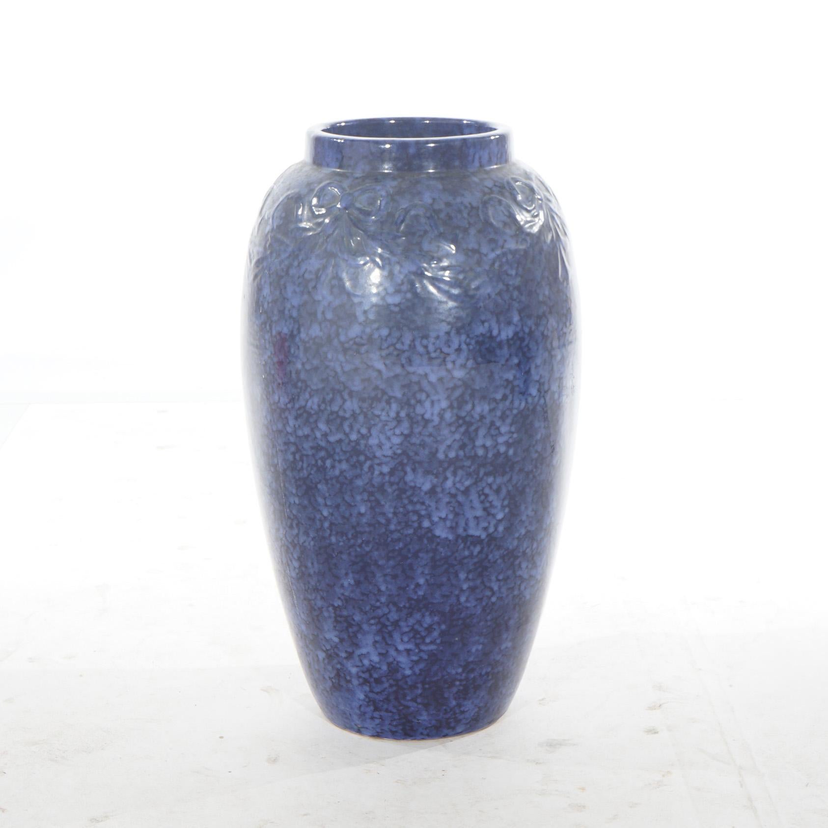 Pair Antique Roseville Art Pottery Floral Embossed Vases with Mottled Blue Glaze For Sale 2