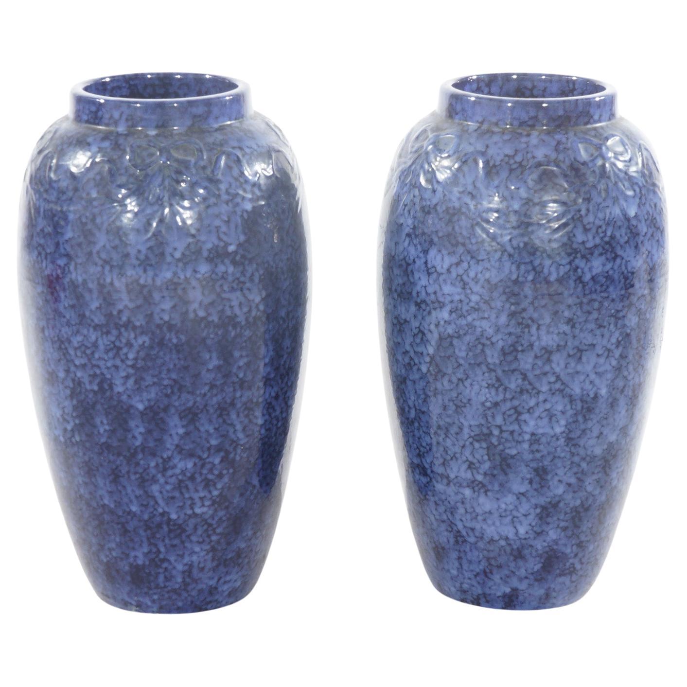 Pair Antique Roseville Art Pottery Floral Embossed Vases with Mottled Blue Glaze