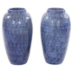Pair Antique Roseville Art Pottery Floral Embossed Vases with Mottled Blue Glaze