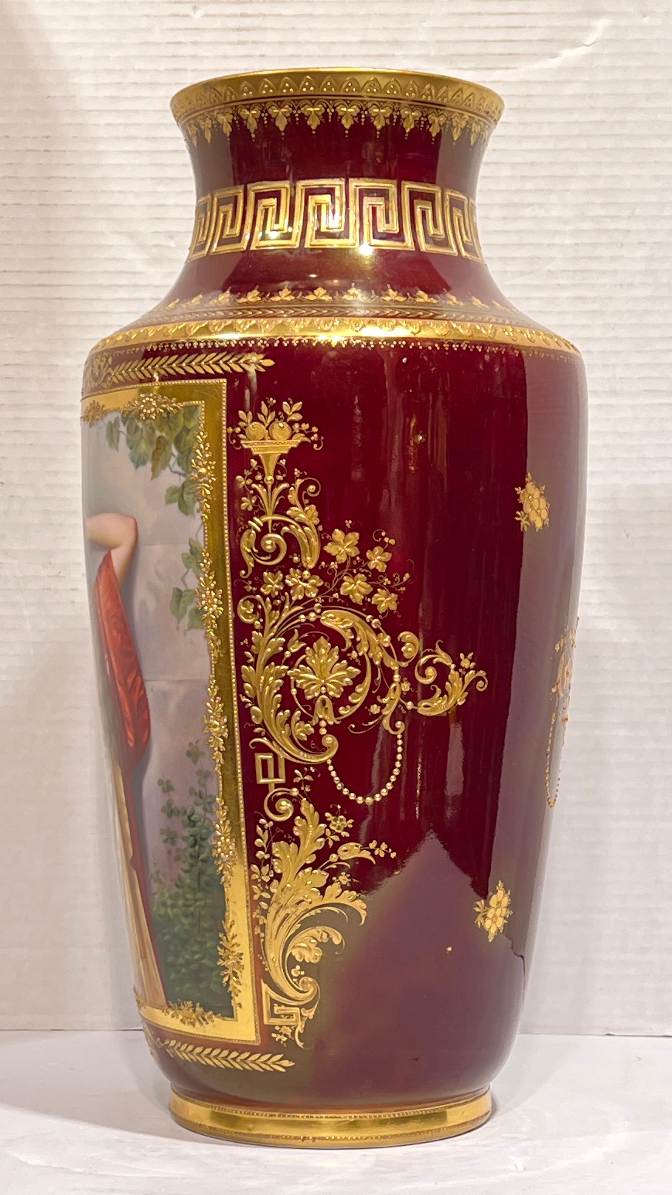 Pair of exceptional large antique porcelain portrait vases from Royal Vienna featuring extensive gilt decorations and the finely painted portrait of a lovely female after the original painting by German master, Max Nonnenbruch, exhibited at the
