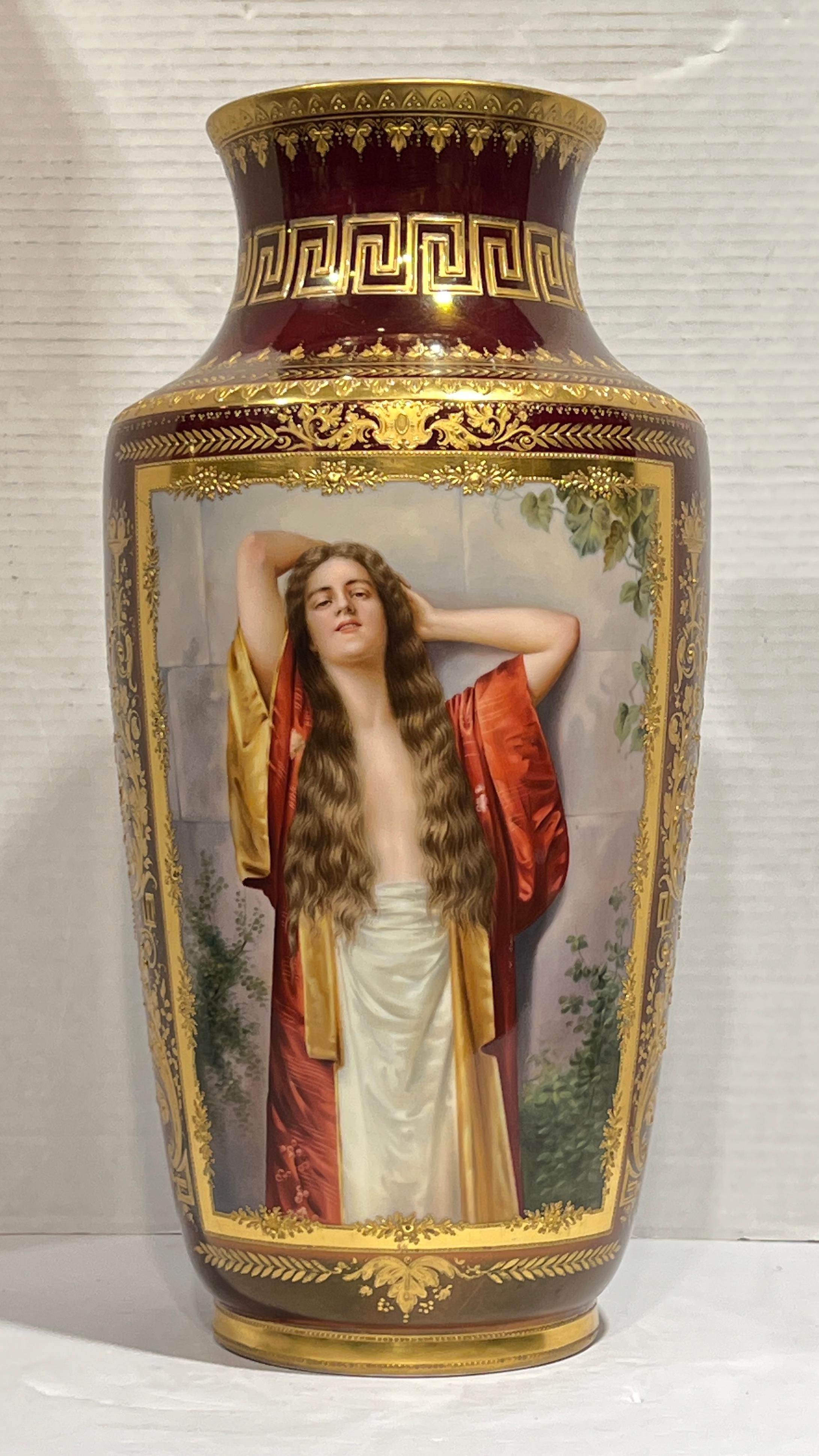 Neoclassical Pair Antique Royal Vienna Porcelain Portrait Vases After Max Nonnenbruch For Sale