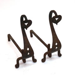 Pair Antique Roycroft Inspired Arts & Crafts Wrought Iron Spade Andirons c1920