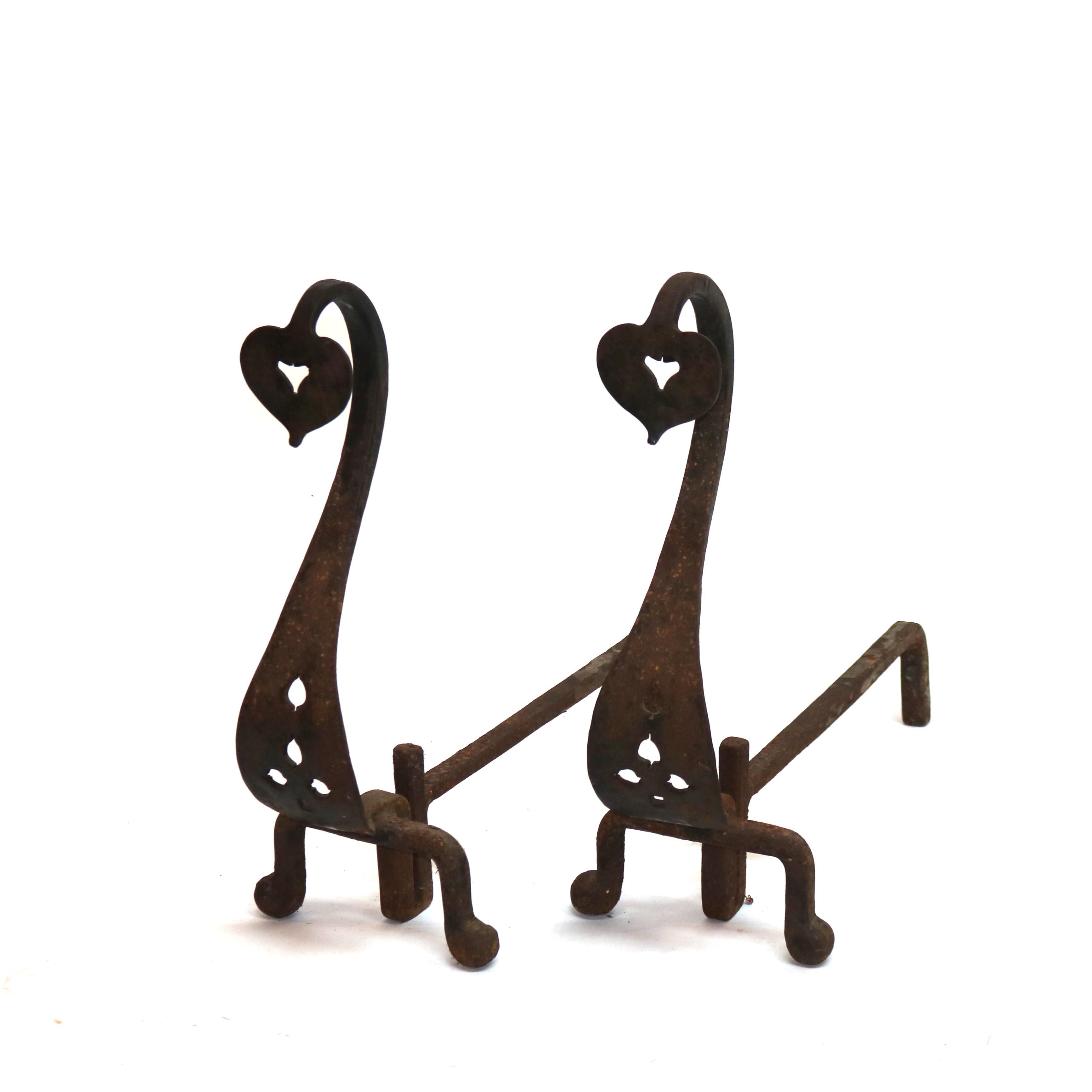 Arts and Crafts Pair Antique Roycroft Inspired Arts & Crafts Wrought Iron Spade Andirons c1920