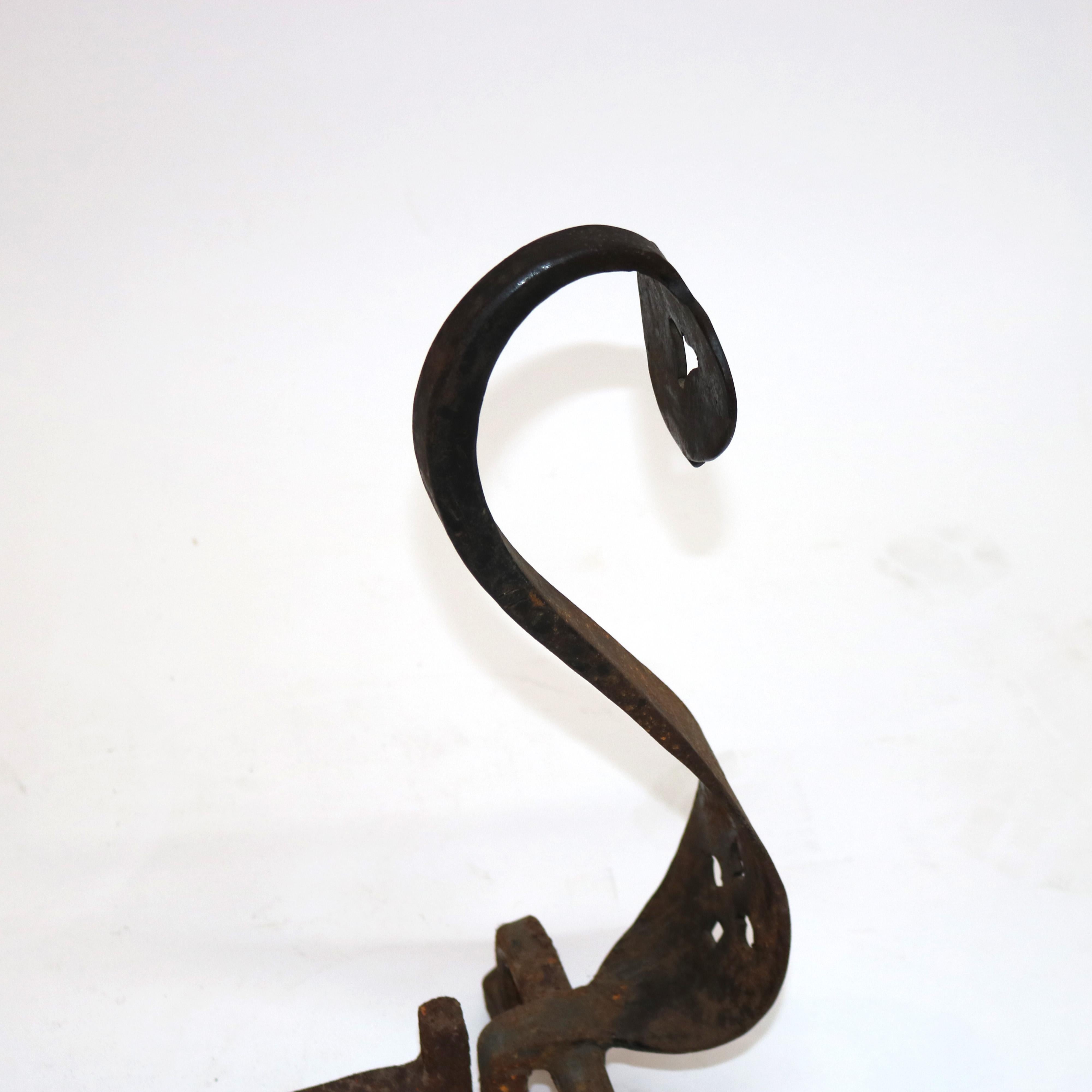 20th Century Pair Antique Roycroft Inspired Arts & Crafts Wrought Iron Spade Andirons c1920
