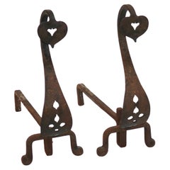 Pair Antique Roycroft Inspired Arts & Crafts Wrought Iron Spade Andirons c1920