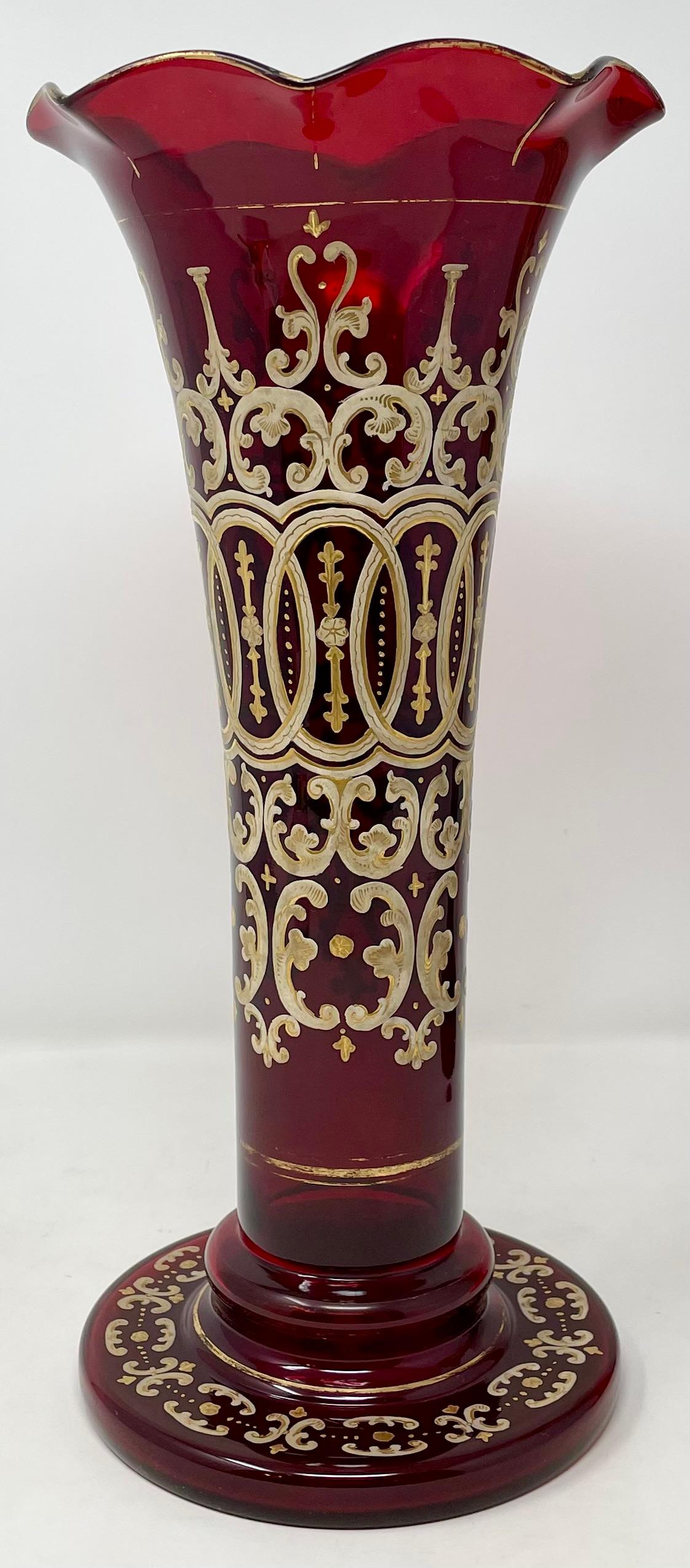 Pair Antique Ruby Glass Vases with Hand-Painted Gold Details, Circa 1890. In Good Condition For Sale In New Orleans, LA