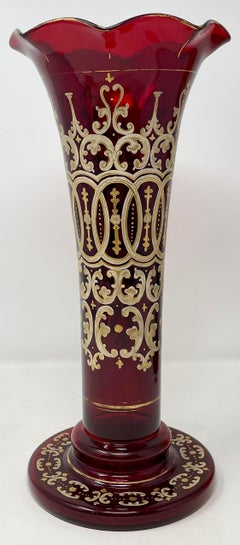 Pair Antique Ruby Glass Vases with Hand-Painted Gold Details, Circa 1890.