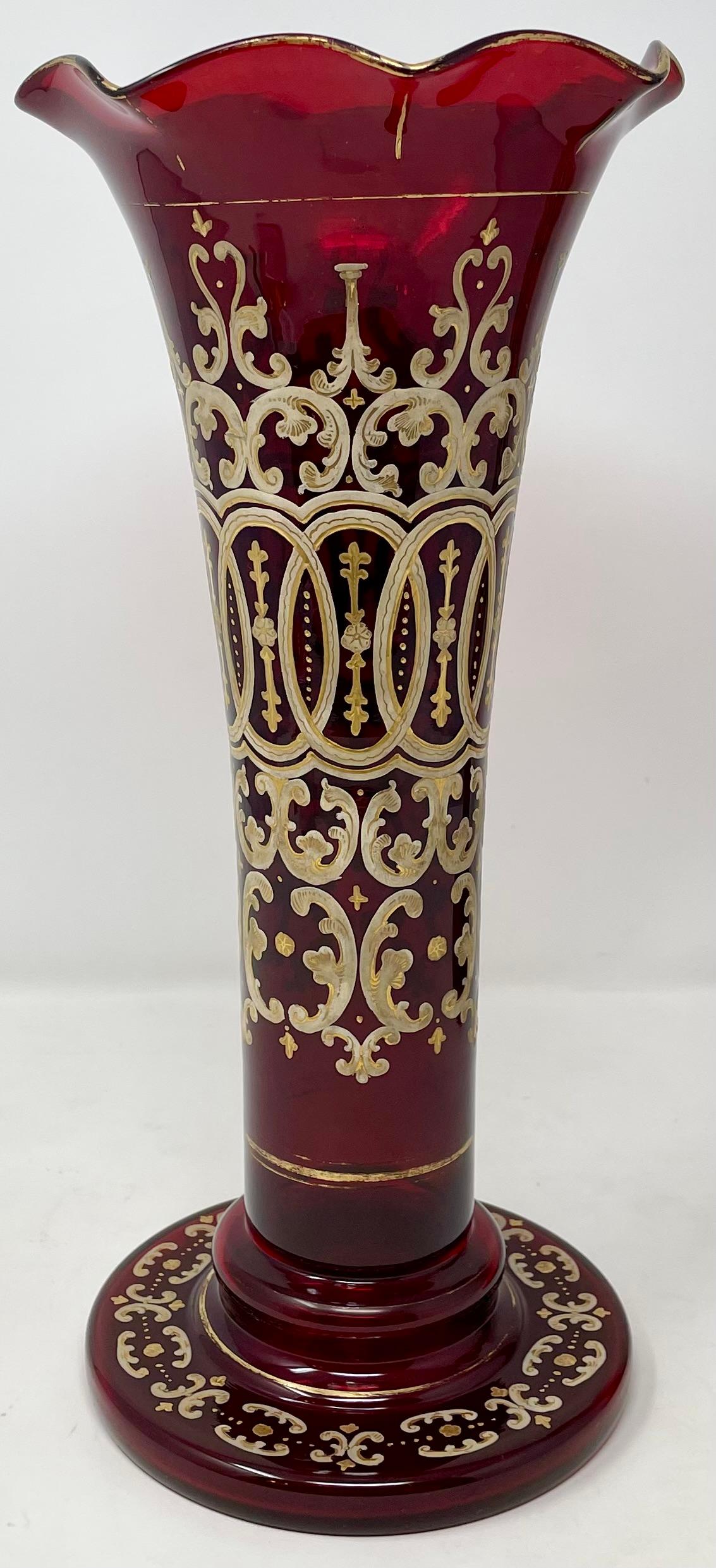 19th Century Pair Antique Ruby Glass Vases with Hand-Painted Gold Details, Circa 1890. For Sale