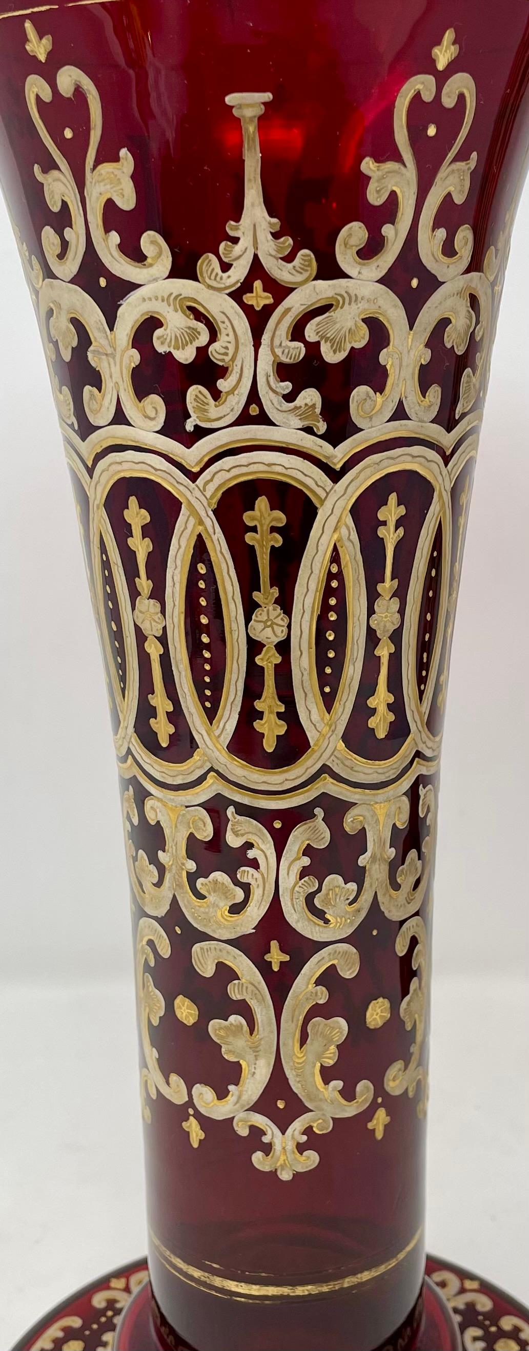 Pair Antique Ruby Glass Vases with Hand-Painted Gold Details, Circa 1890. For Sale 2