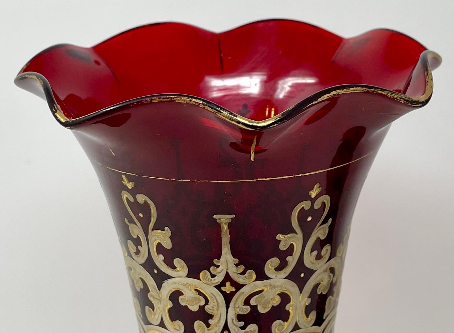 Pair Antique Ruby Glass Vases with Hand-Painted Gold Details, Circa 1890. For Sale 3