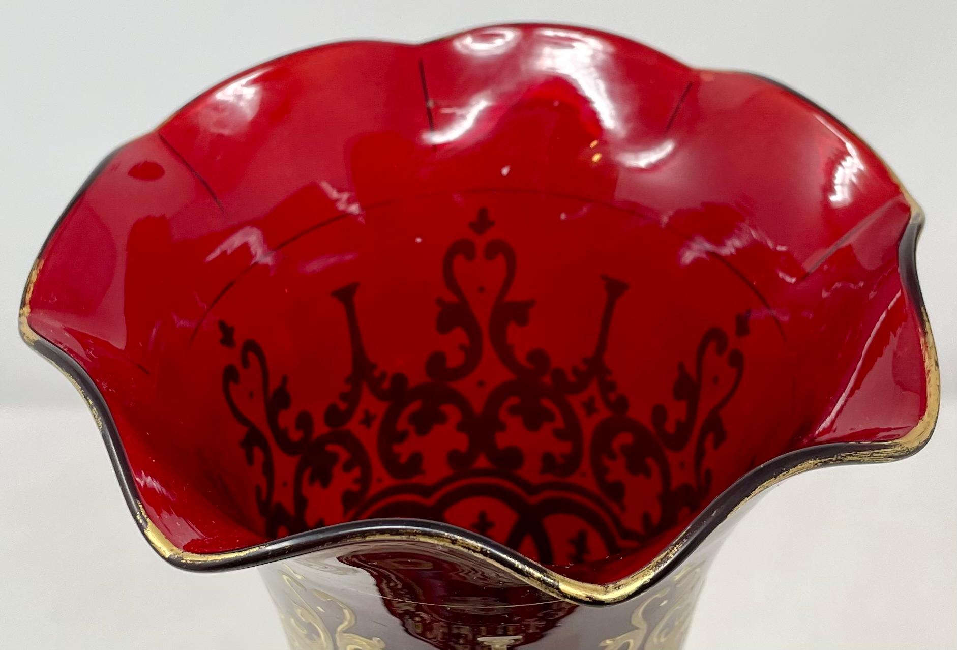 Pair Antique Ruby Glass Vases with Hand-Painted Gold Details, Circa 1890. For Sale 4