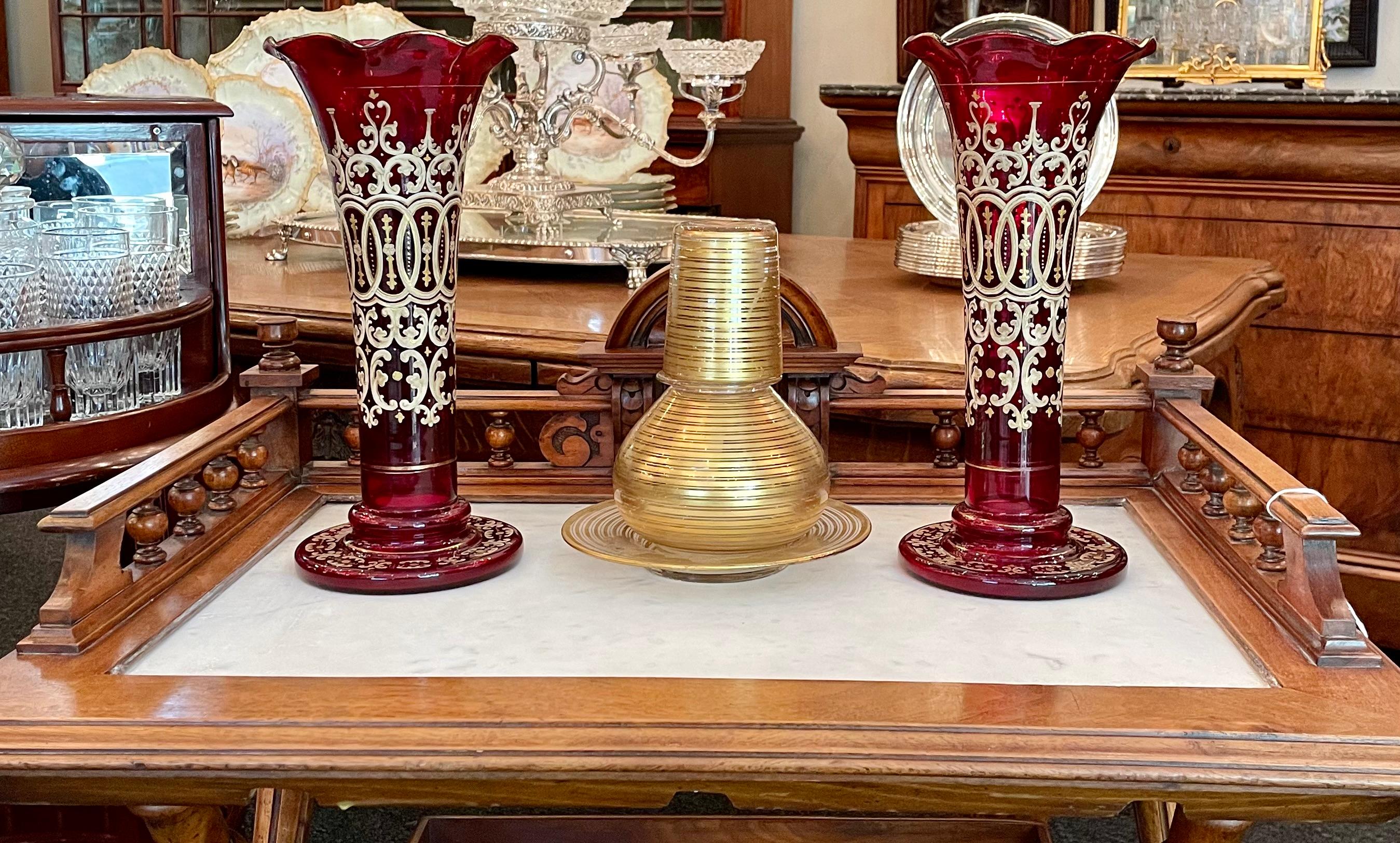 Pair Antique Ruby Glass Vases with Hand-Painted Gold Details, Circa 1890. For Sale 5
