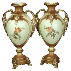 Pair Antique Rudolstadt Hand Painted And Gilt Porcelain Bolted Urns 189