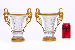 Pair Antique Russian Hand-Diamond-Cut Crystal Ormolu Mounted Double Swan Vases