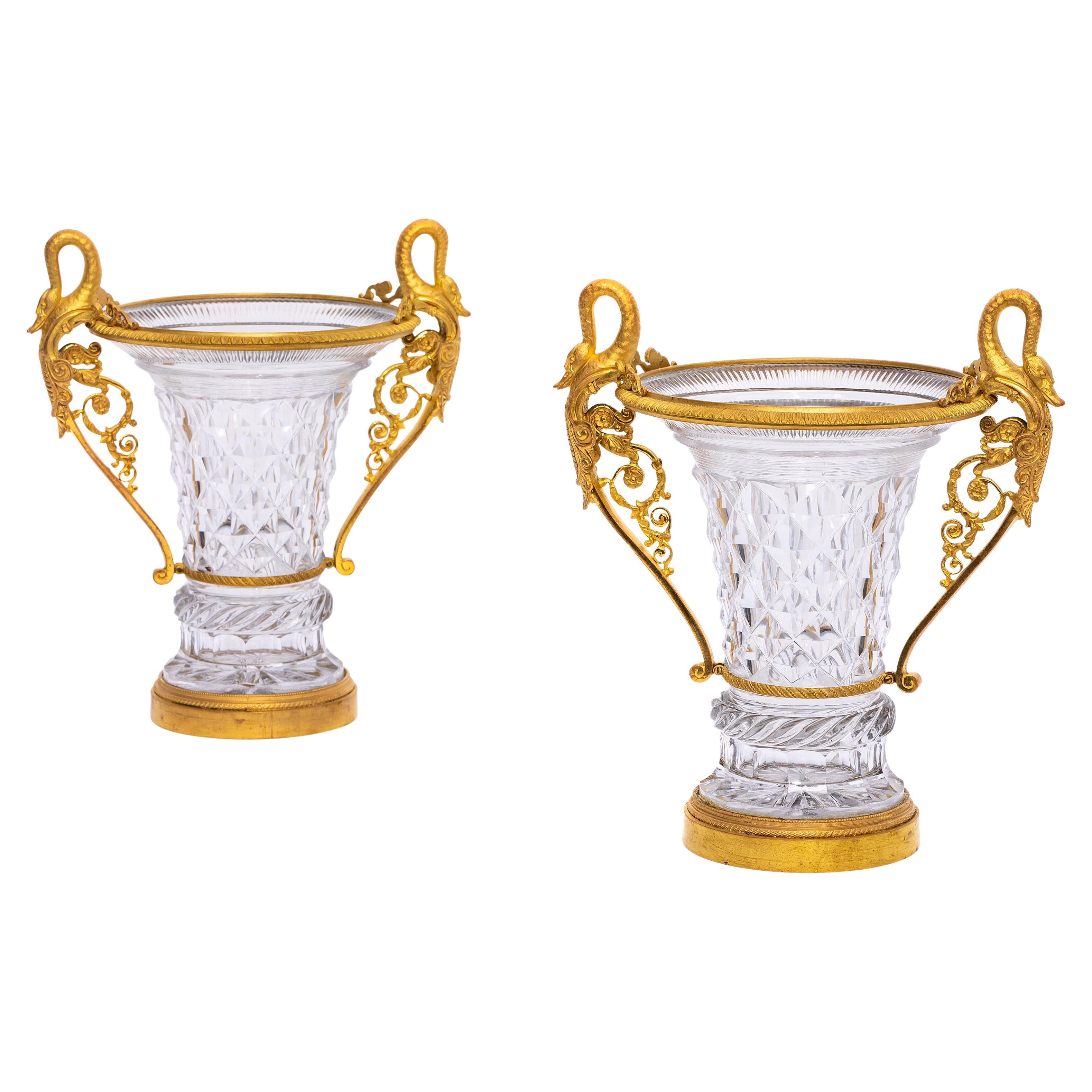 Pair Antique Russian Hand-Diamond-Cut Crystal Ormolu Mounted Double Swan Vases