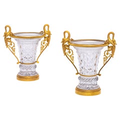Pair Antique Russian Hand-Diamond-Cut Crystal Ormolu Mounted Double Swan Vases