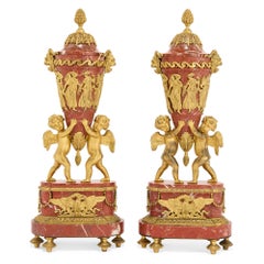 Pair Antique Russian Pink Griotte Marble Gilt Bronze Gold Ormolu Vases