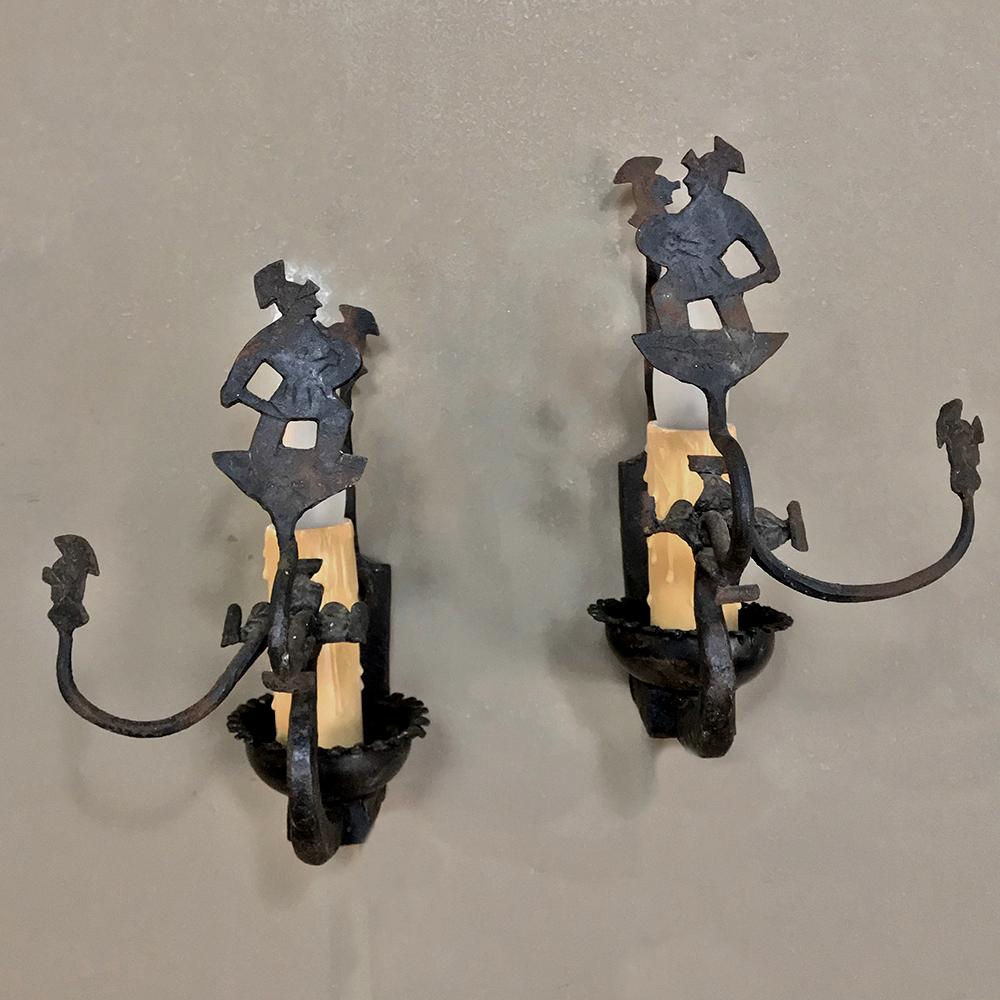 Hand-Crafted Pair of Antique Rustic Wrought Iron Wall Sconces For Sale