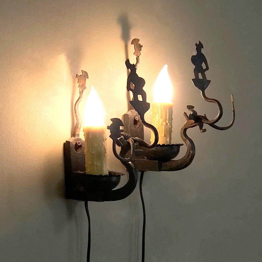 Pair of Antique Rustic Wrought Iron Wall Sconces In Good Condition For Sale In Dallas, TX