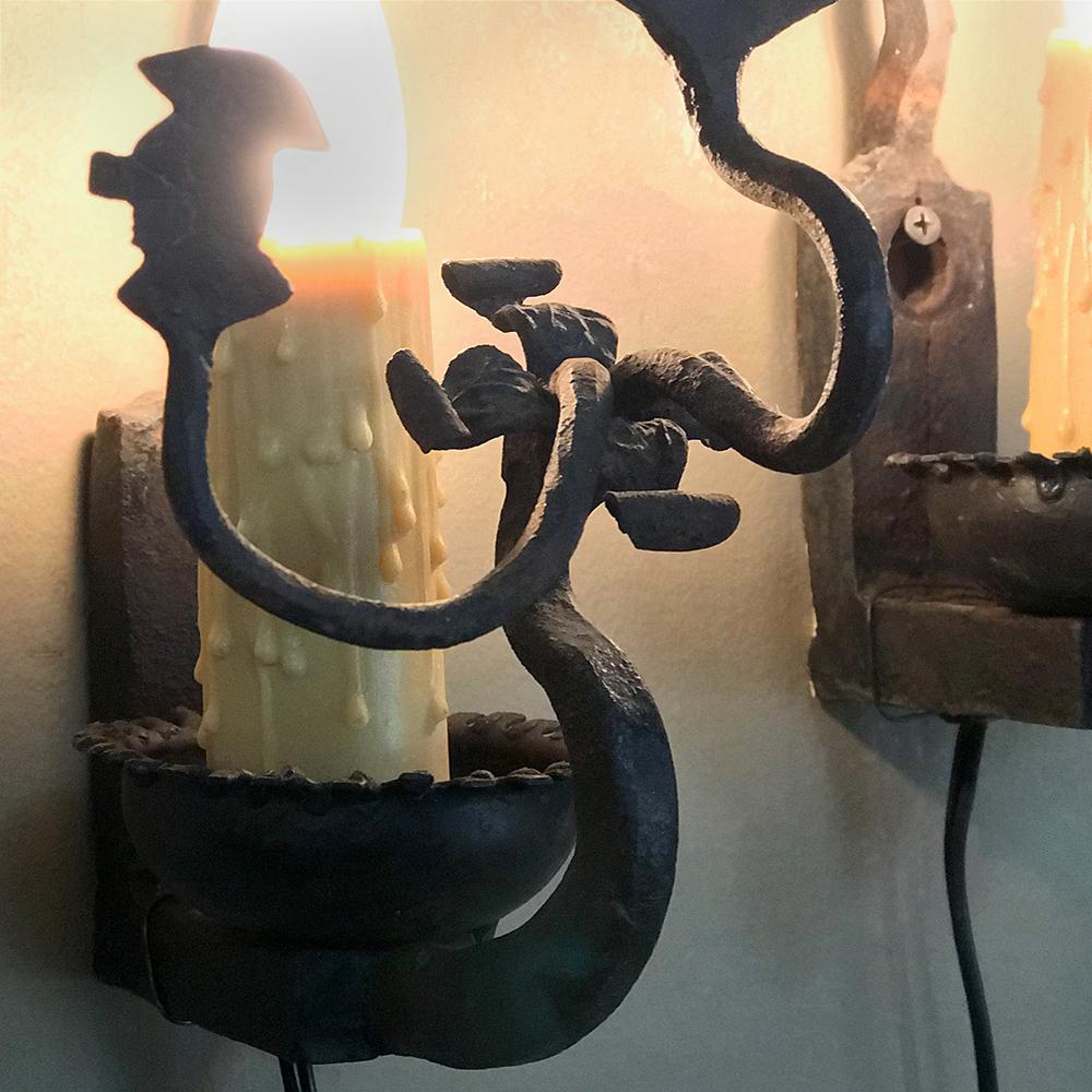 Pair of Antique Rustic Wrought Iron Wall Sconces For Sale 1