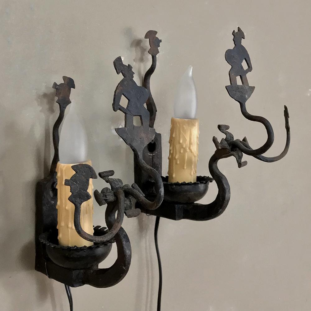Pair of Antique Rustic Wrought Iron Wall Sconces For Sale 2