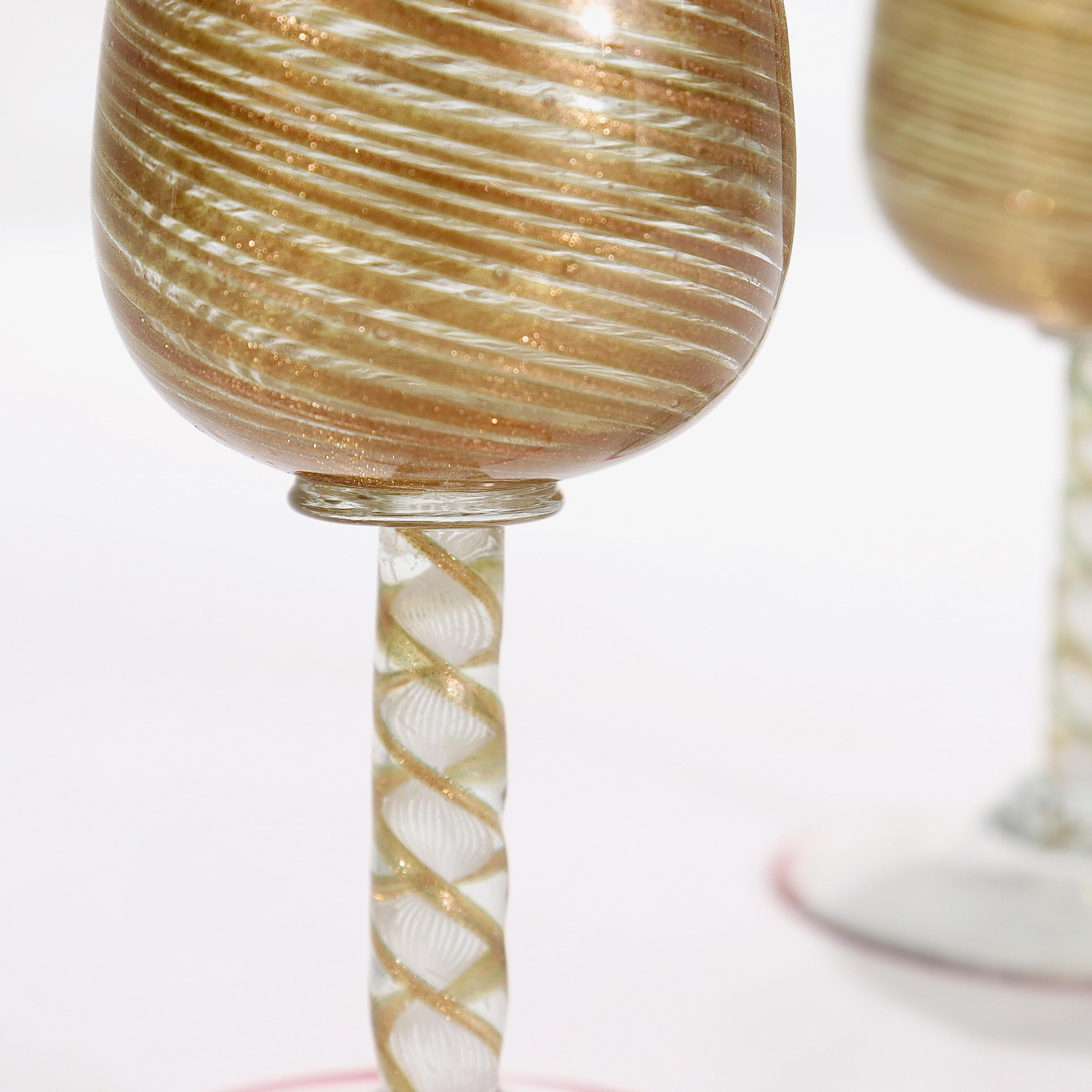 Pair Antique Salviati Aventurine Filigrana Venetian/Murano Cordial Wine Glasses For Sale 3