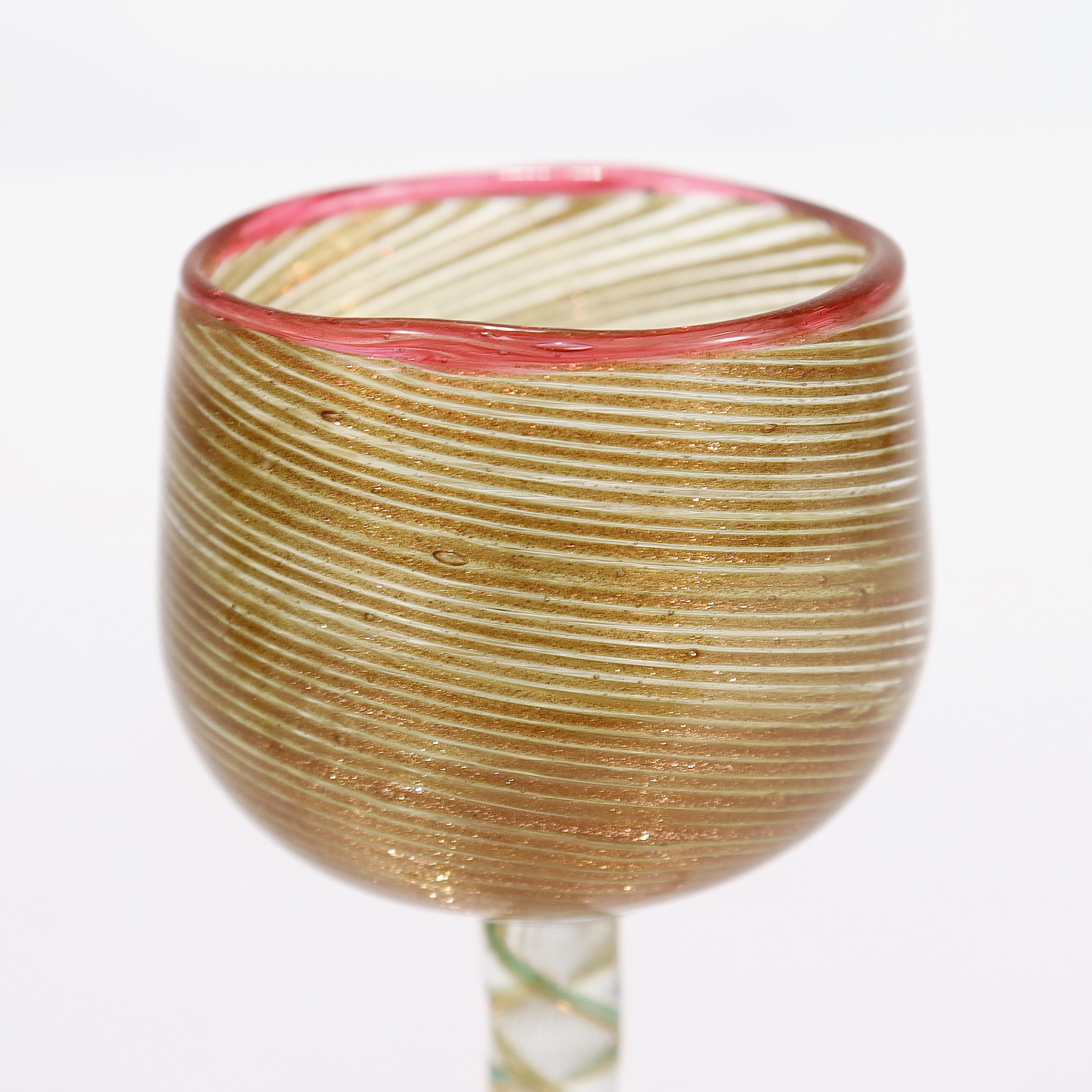 Pair Antique Salviati Aventurine Filigrana Venetian/Murano Cordial Wine Glasses For Sale 4