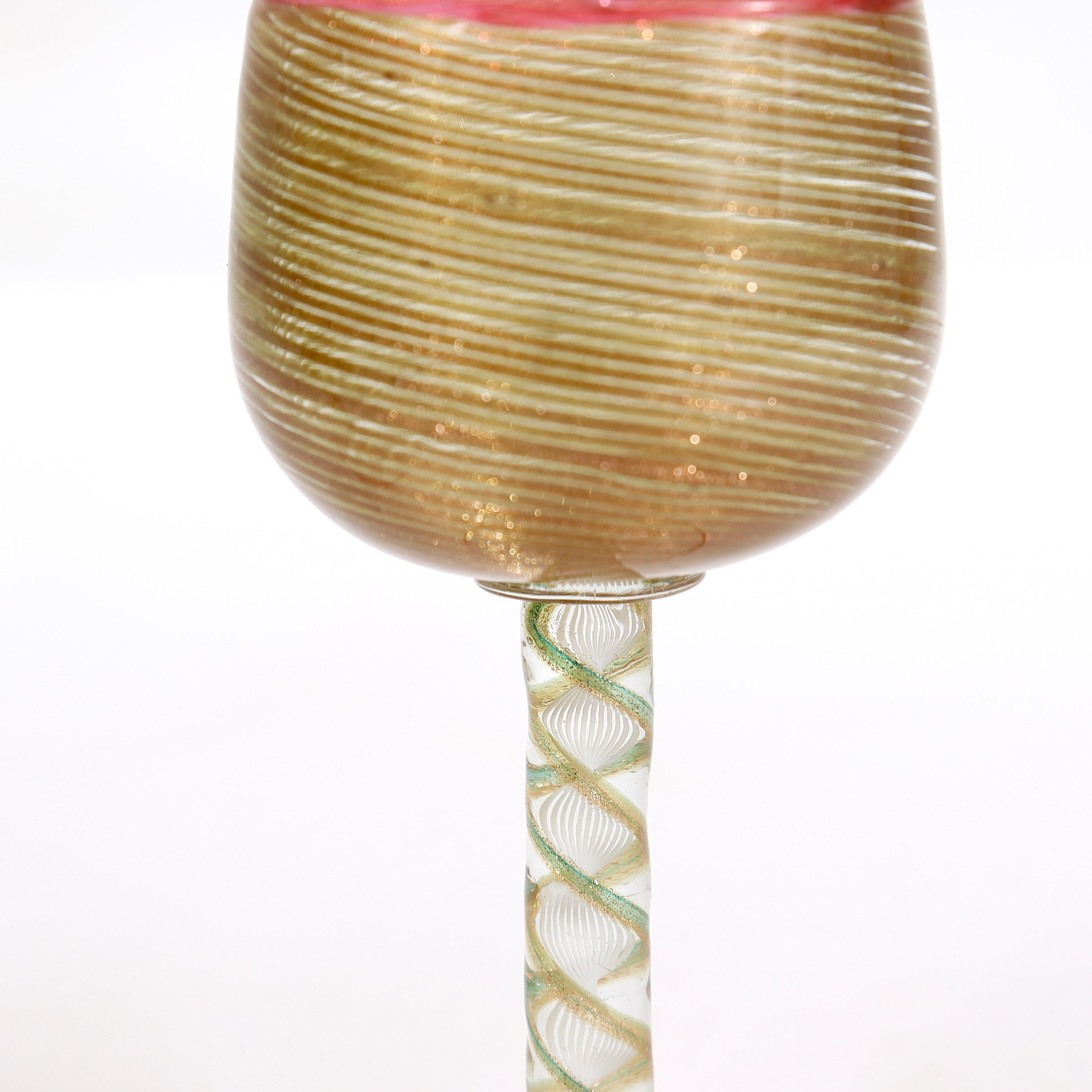 Pair Antique Salviati Aventurine Filigrana Venetian/Murano Cordial Wine Glasses For Sale 5