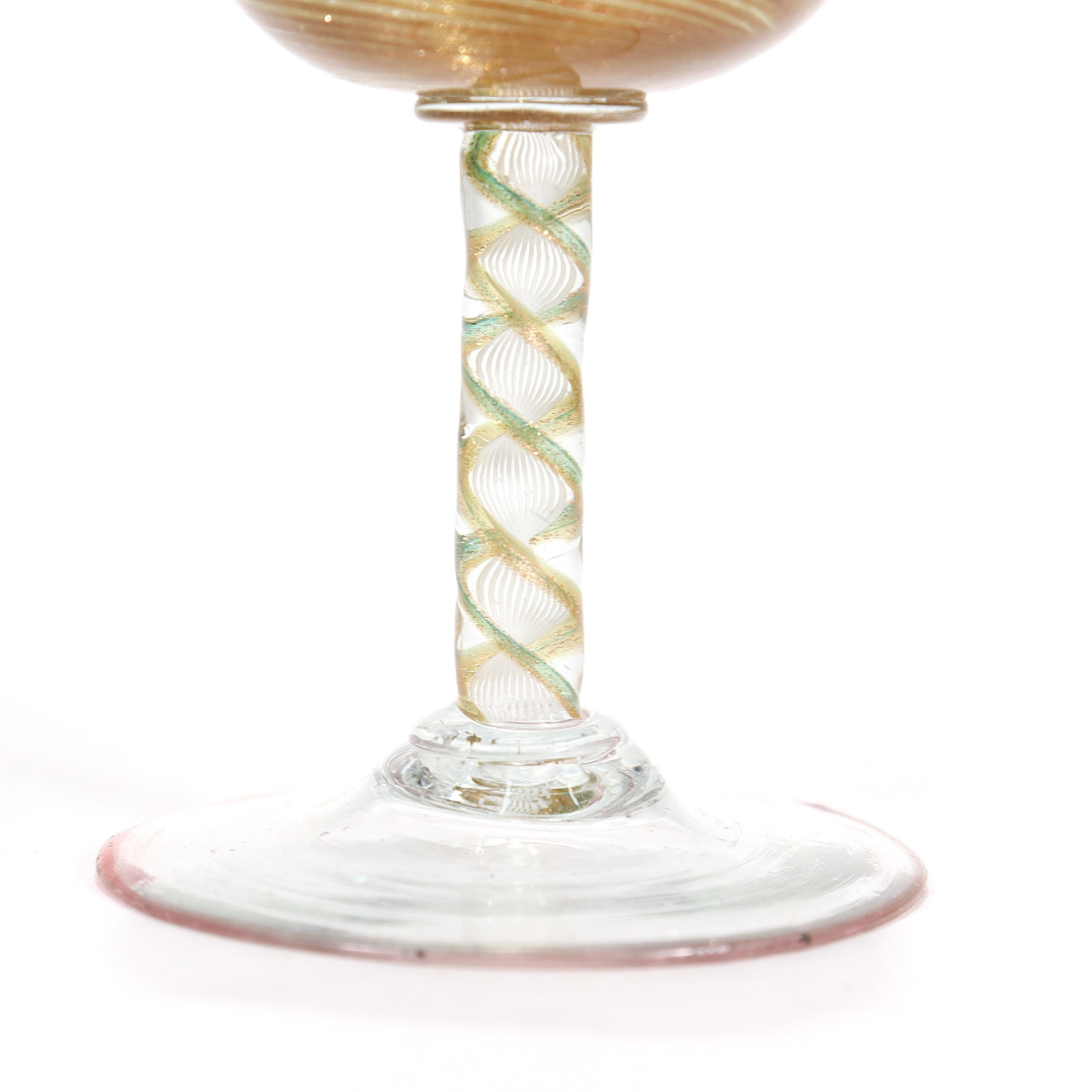 Pair Antique Salviati Aventurine Filigrana Venetian/Murano Cordial Wine Glasses For Sale 6