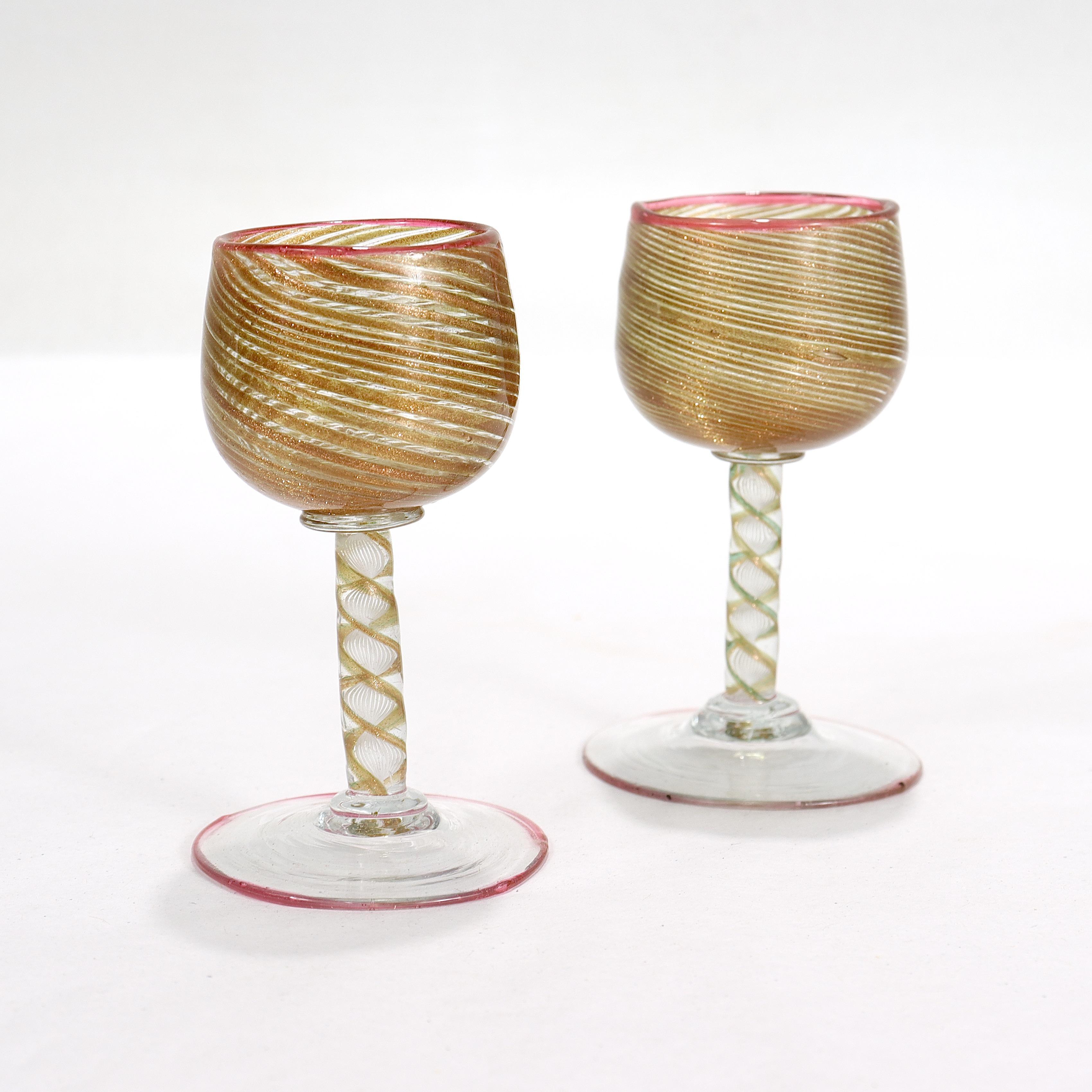 Renaissance Revival Pair Antique Salviati Aventurine Filigrana Venetian/Murano Cordial Wine Glasses For Sale