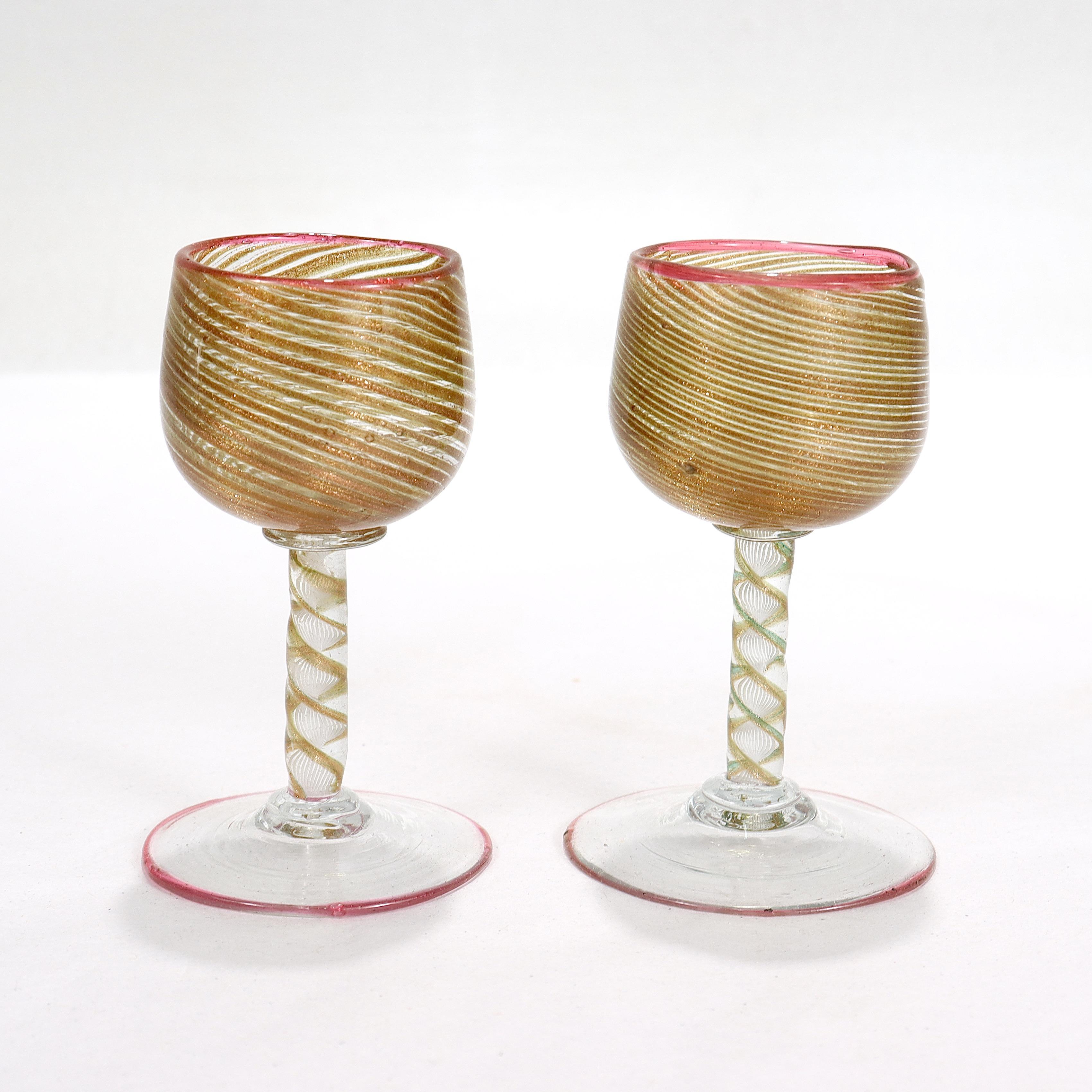 Italian Pair Antique Salviati Aventurine Filigrana Venetian/Murano Cordial Wine Glasses For Sale