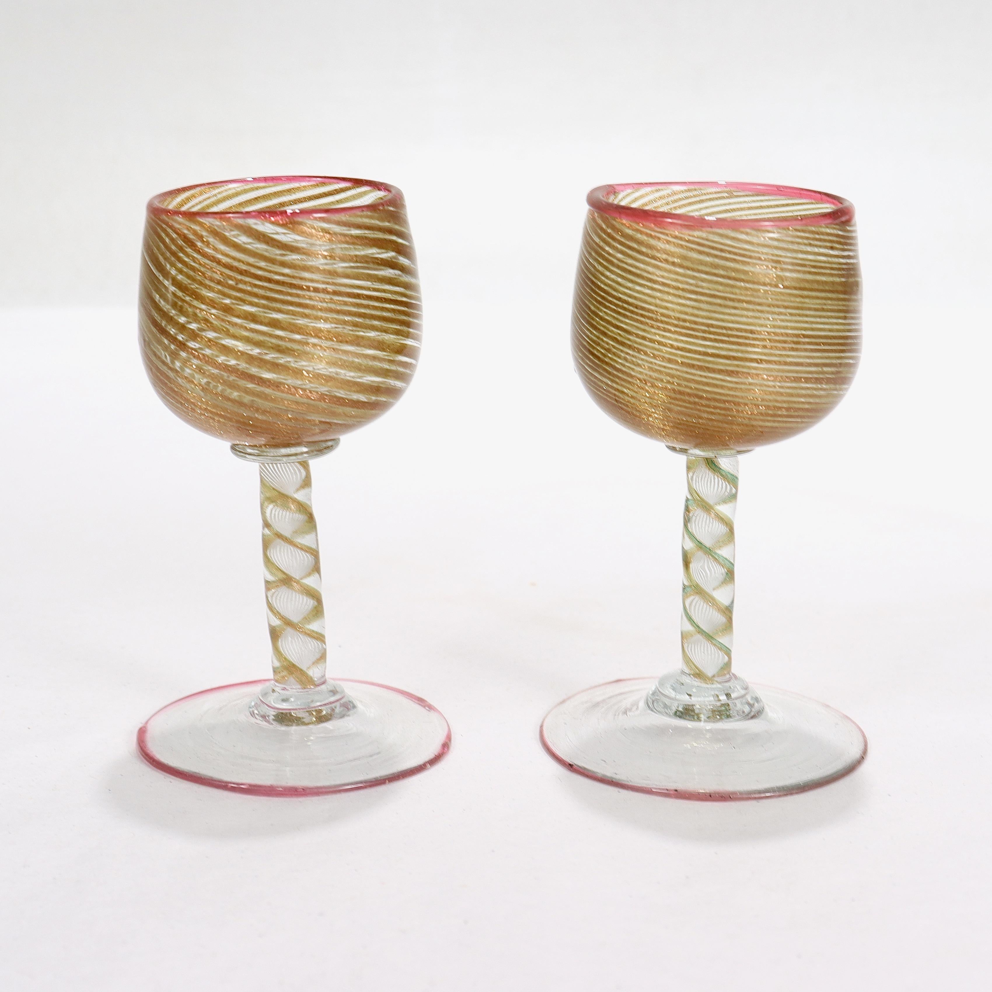 Pair Antique Salviati Aventurine Filigrana Venetian/Murano Cordial Wine Glasses In Good Condition For Sale In Philadelphia, PA