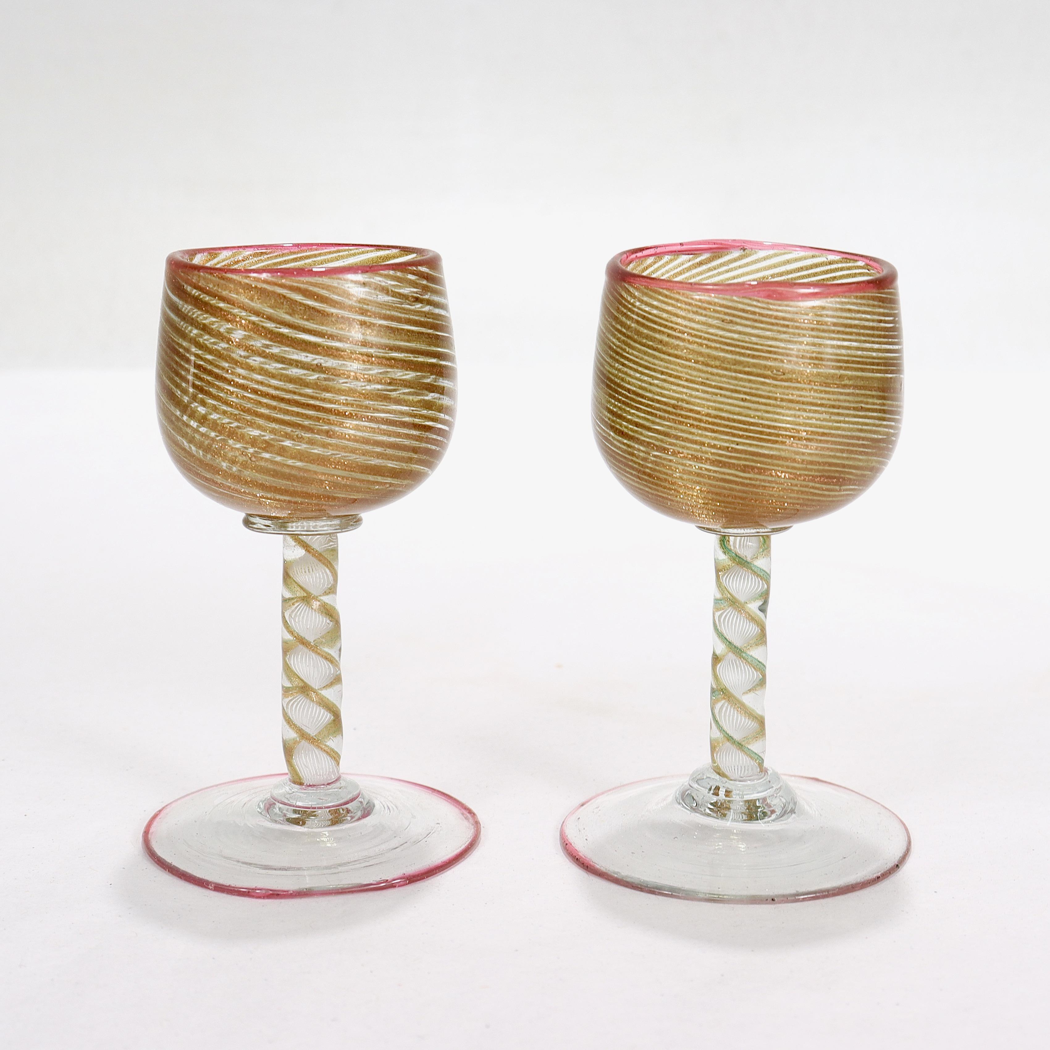 20th Century Pair Antique Salviati Aventurine Filigrana Venetian/Murano Cordial Wine Glasses For Sale