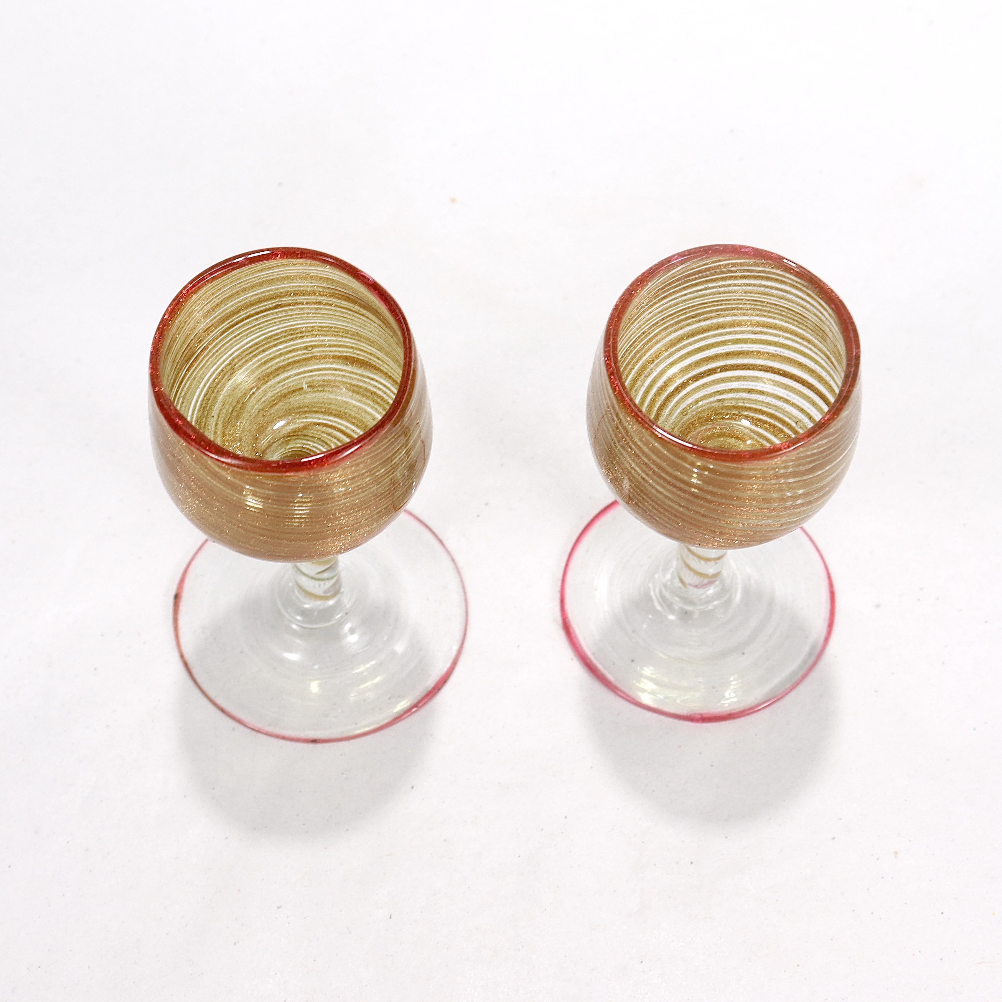 Art Glass Pair Antique Salviati Aventurine Filigrana Venetian/Murano Cordial Wine Glasses For Sale