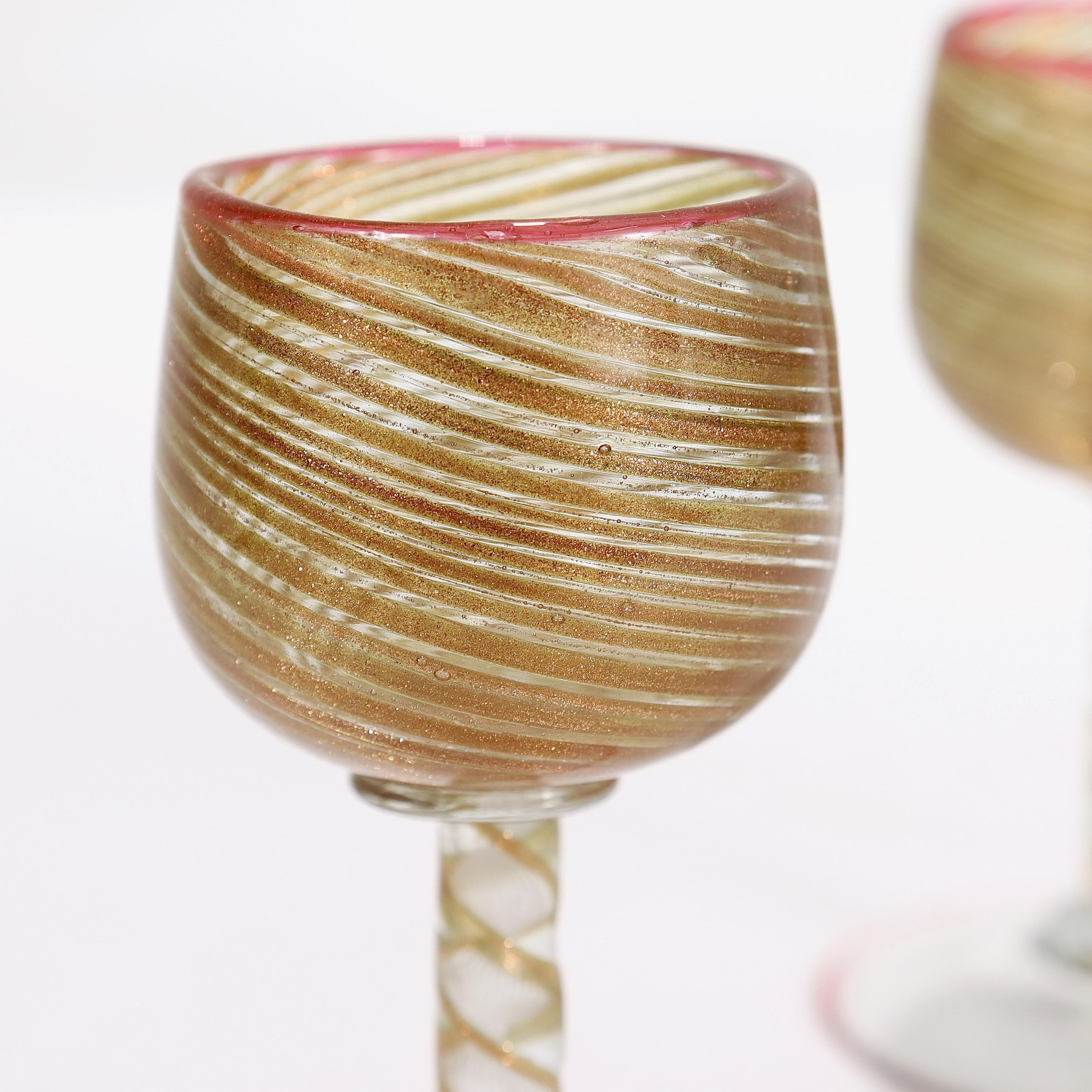 Pair Antique Salviati Aventurine Filigrana Venetian/Murano Cordial Wine Glasses For Sale 2