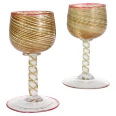 Pair Antique Salviati Aventurine Filigrana Venetian/Murano Cordial Wine Glasses
