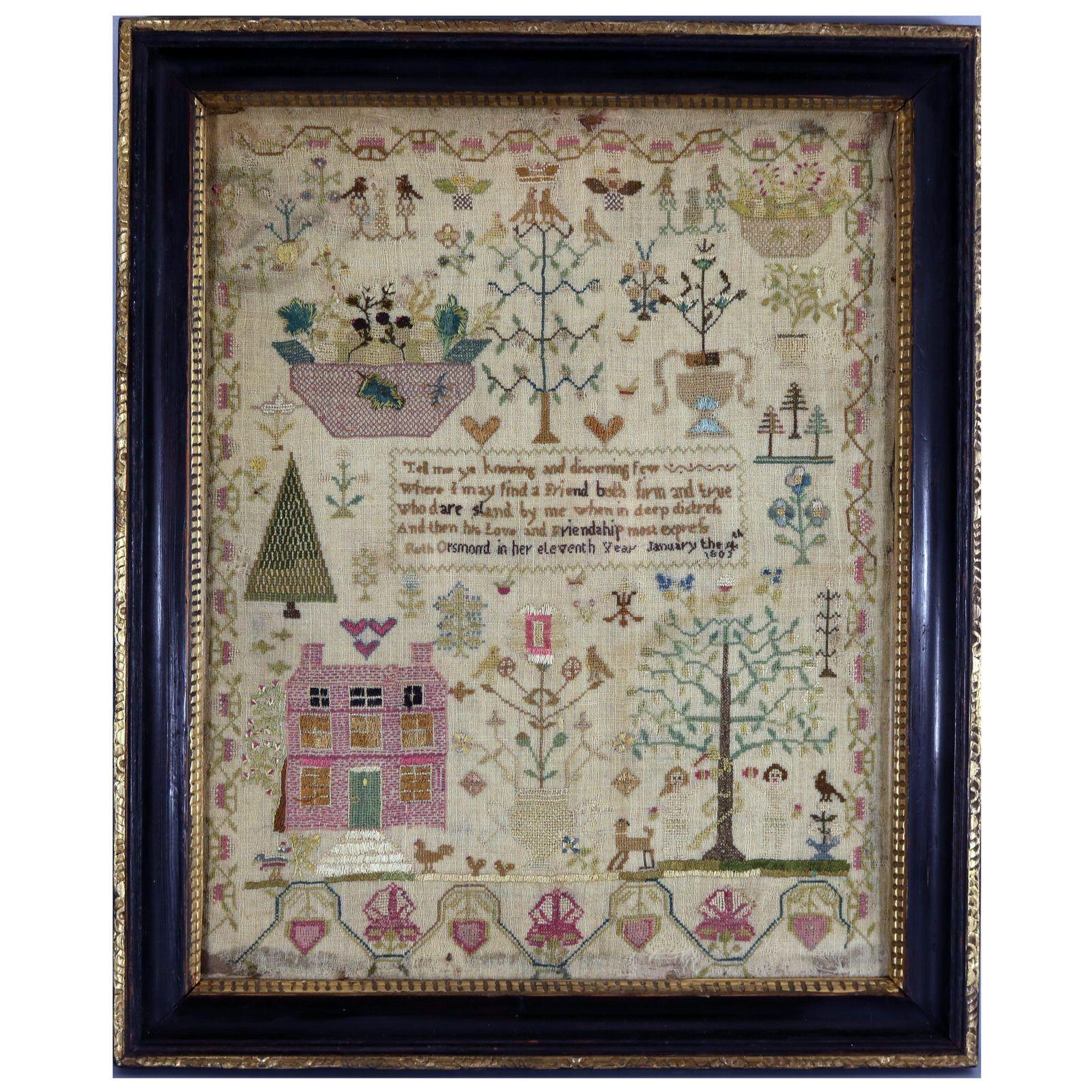 Pair Georgian Samplers, worked in 1803 by Ruth Orsmond. Both examples are worked in silk threads on a linen ground, mainly in cross stitch. The example with a house has a Meandering strawberry border. Colours green, dark brown, copper, gold, black,
