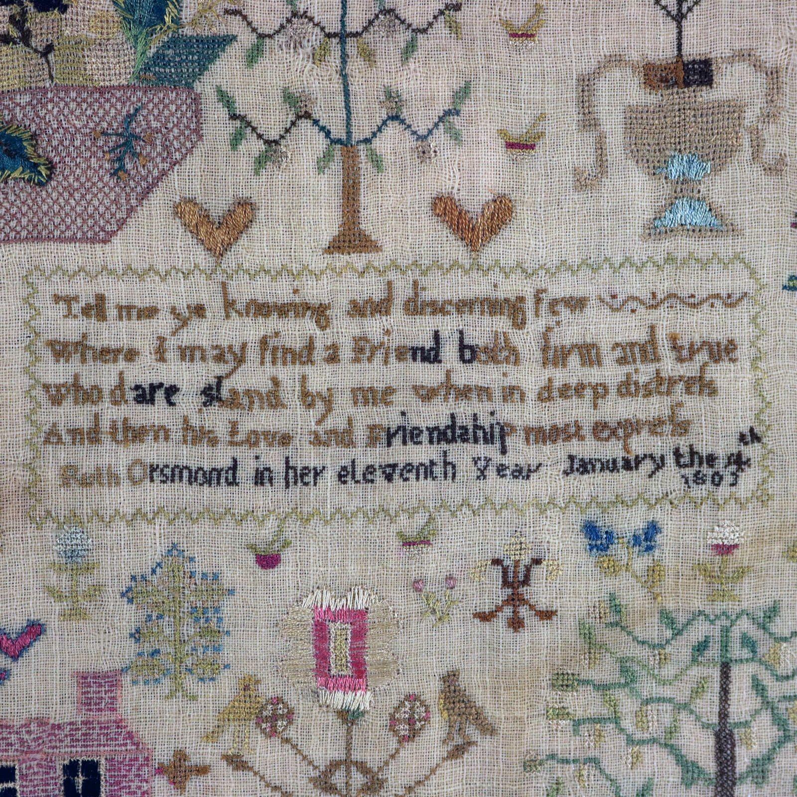 Silk Pair Antique Samplers, 1803, by Ruth Orsmond