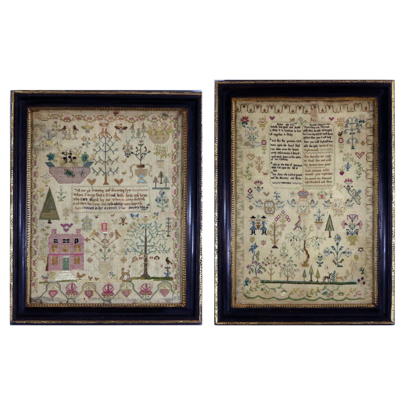 Pair Antique Samplers, 1803, by Ruth Orsmond For Sale