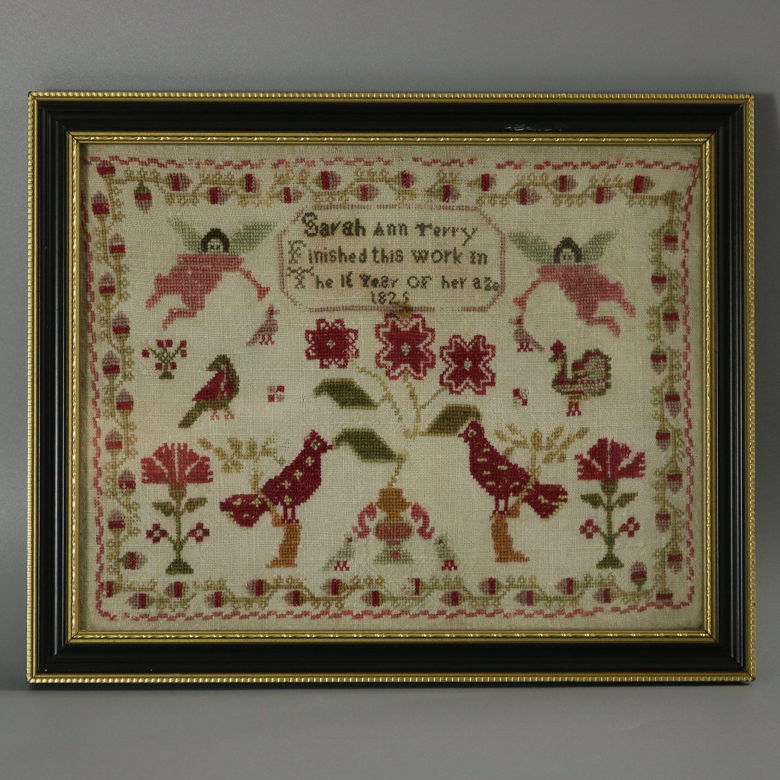 Pair of Regency Samplers, stitched in 1825 and 1829, by Sarah Ann Terry. The samplers are worked in wool threads on a linen ground, mainly in cross stitch. Meandering strawberry border. Colours red, yellow, green, pale blue, pink and black. Signed,