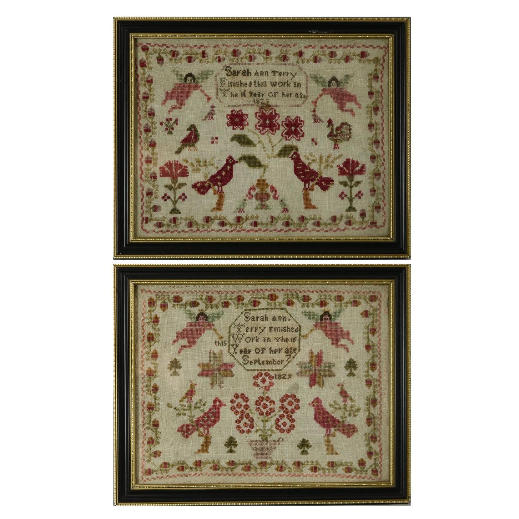 Pair Antique Samplers, 1825 and 1829, by Sarah Ann Terry
