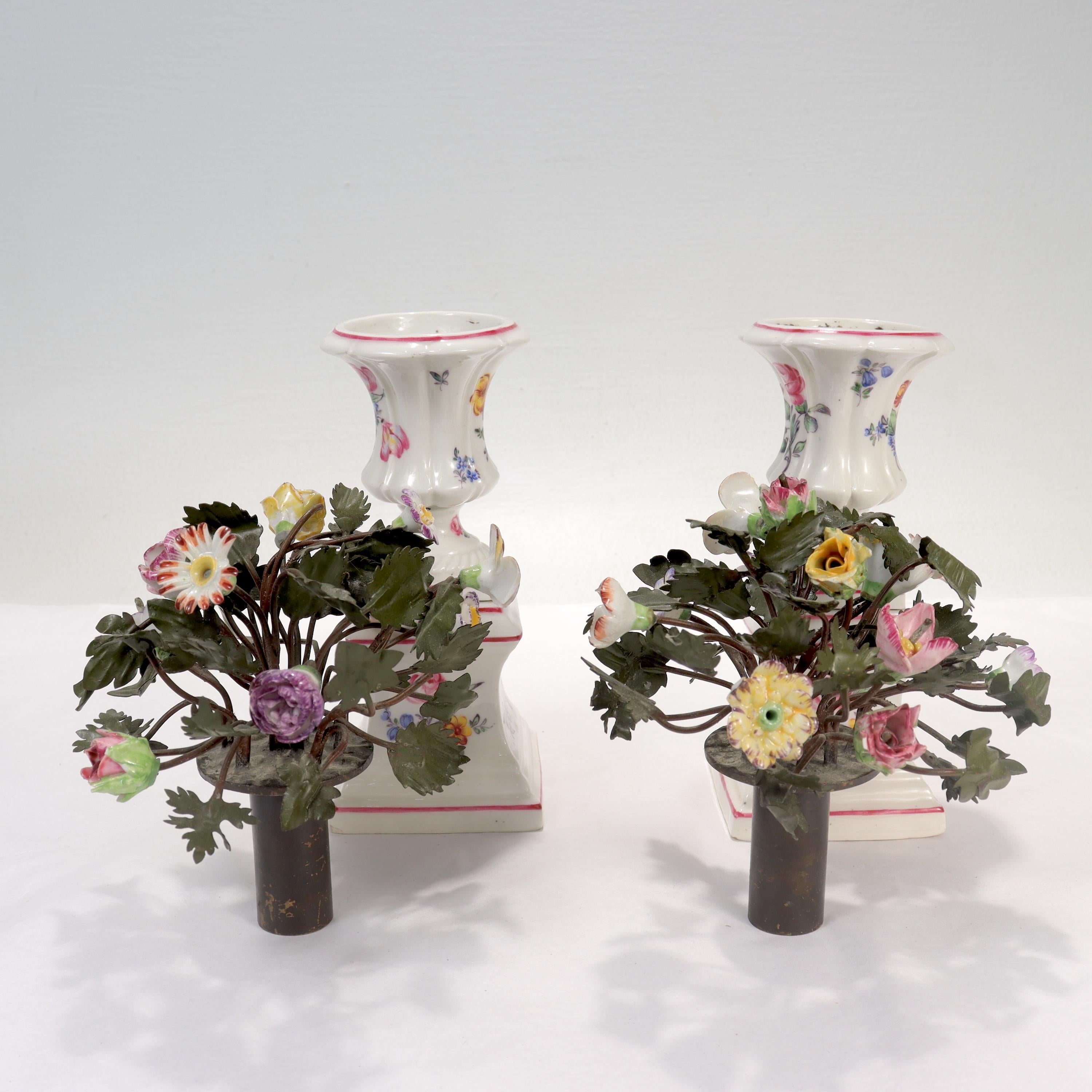 Pair Antique Samson Mennecy Style Tole Peinte & Porcelain Flower Vases/Cachepots For Sale 6