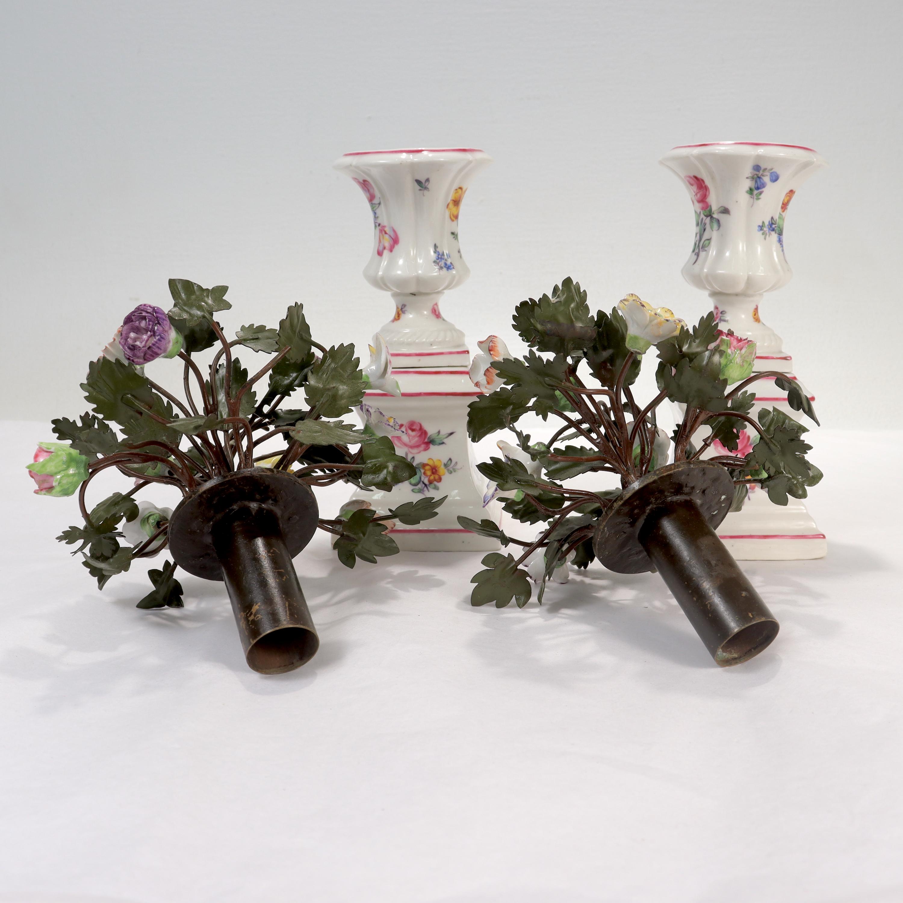 Pair Antique Samson Mennecy Style Tole Peinte & Porcelain Flower Vases/Cachepots For Sale 7